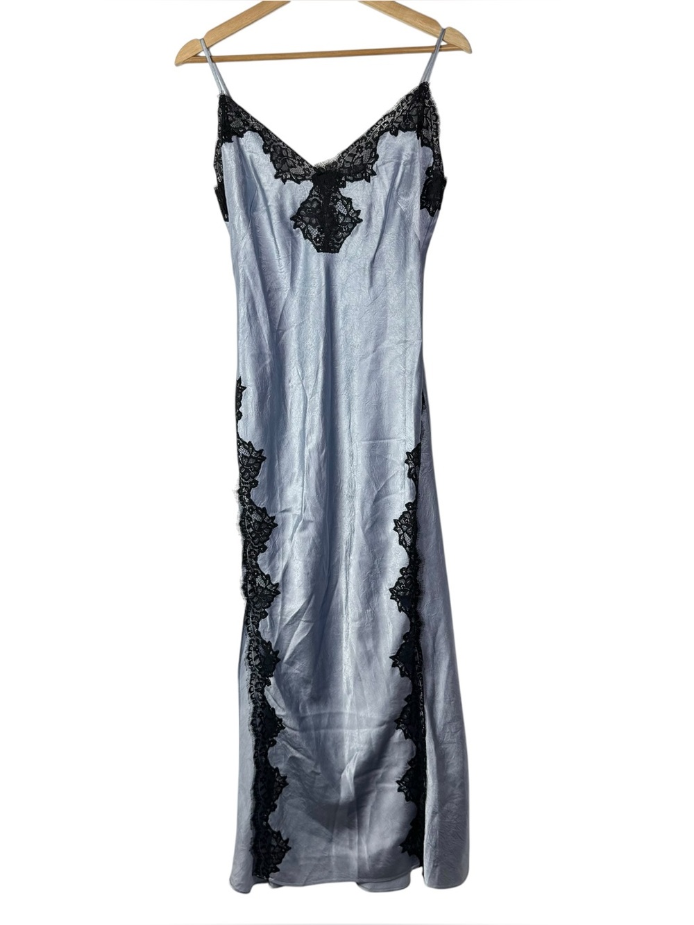 J. Crew Light Blue Satin Black Lace Slip Maxi Dress 2